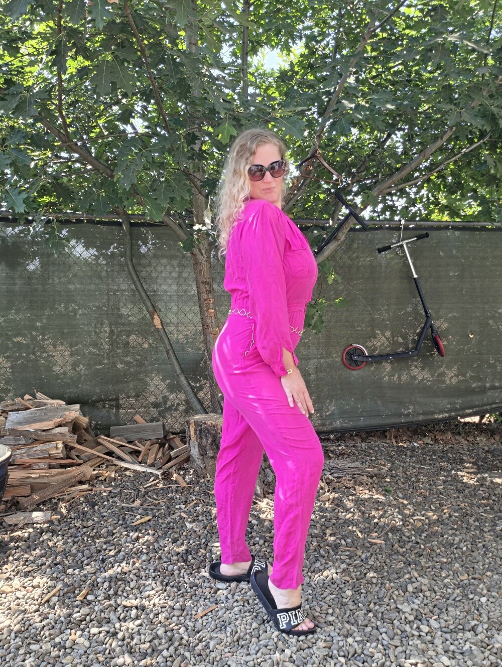 Vtg 80's Hot Pink Silk Long Sleeve Jumpsuit Barbiecore Retro Glam Power Dressing